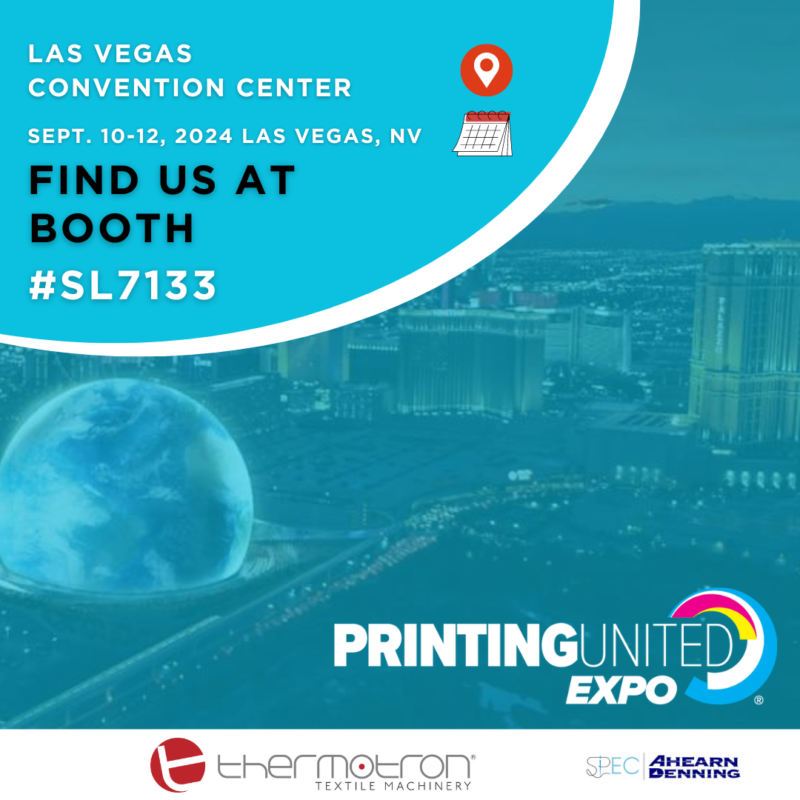 Promotional image for Thermotron S.A. featuring a vibrant view of the Las Vegas skyline with a large globe in the foreground, highlighting their booth #SL7133 at the Printing United Expo 2024.